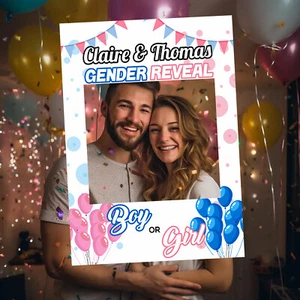 Personalised Gender Reveal Selfie Frame Pink Blue Baby Boy or Girl Balloon Prop - Imagen 1 de 6