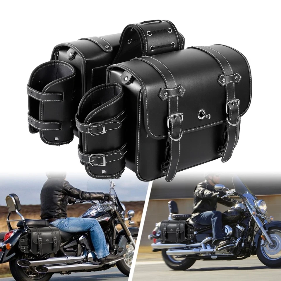 PU Leather Side Saddle Bags Black  For Yamaha Virago 250 750 535 1100 Vmax 1200 - Image 1 of 4