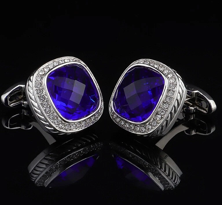 Purplish Blue Cushion Shape 18.40CT Sapphire & CZ Halo Vintage Wedding Cufflinks - Image 1 of 4