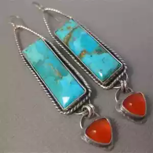 Bohemian Style Rectangle Turquoise With Red Triangle stone earrings 2 1/4" - Picture 1 of 2