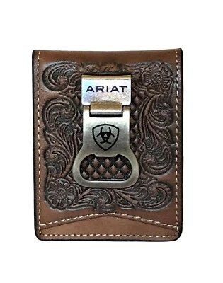 ARIAT Brown Basketweave Floral Embossed Bifold Money Clip Wallet - Image 1 of 3