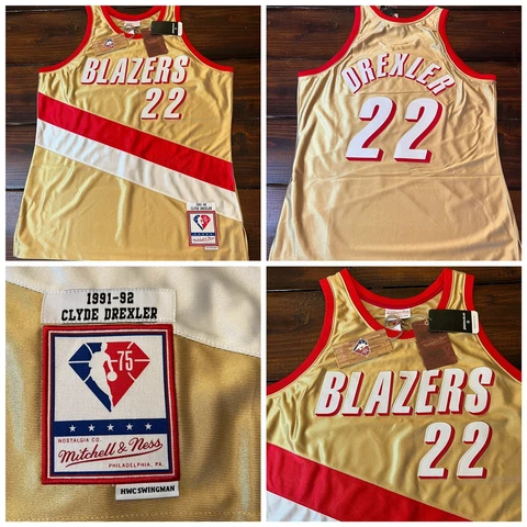 Mitchell & Ness Trail Blazers Clyde Drexler 75th GOLD Swingman Jersey Large $175 Cover
