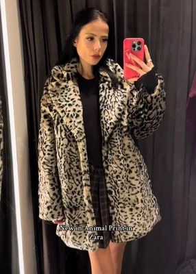Zara Animal Print Faux Fur Coat Leopard Beige Brown Size S REF:1255/771 New - Image 1 of 4