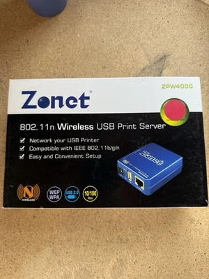 ZONET ZPW4000 WIRELESS-N PRINTSERVER USB RJ-45 802.11B/G/N 10/100 MBPS WPS WEP - Image 1 of 4