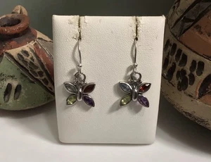 VTG Marked 925 Sterling Silver Petite Gemstone Butterfly Hook Earrings EUC 2.9g - Picture 1 of 7