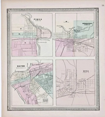 1868  XENIA - DAYTON - PIQUA - SPRINGFIELD Townships OHIO Original (13x12) - Image 1 of 3