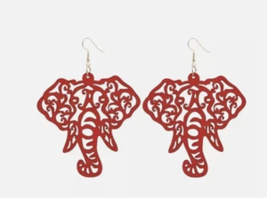 Delta Red Elephant Large Statement Dangle Earrings Lightweight Wooden - Picture 1 of 2