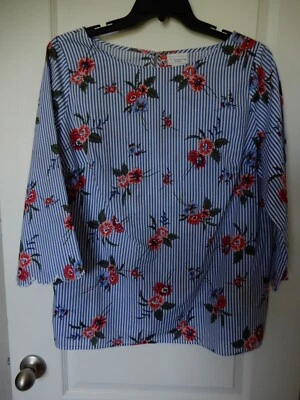Liz Claiborne Back Button Blouse Shirt Women's 0X Blue Floral Stripe Lightweight - Image 1 of 4