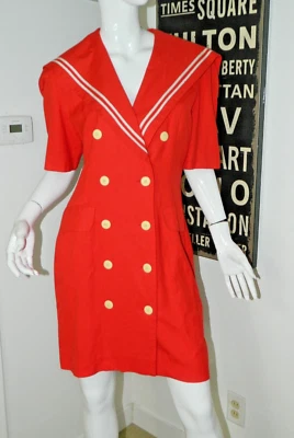 Vestido Nipon Boutique Talla 8 Rojo Blanco Marinero Vintage Años 80 Mezcla de Lino Foto 1 de 4
