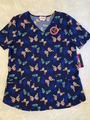 Scrubstar Scrub Top Womens Size Medium Blue Butterfly Performance Stretch - Image 1 of 4