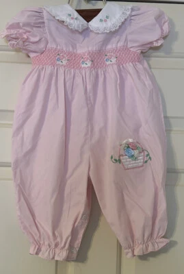 Vintage Baby Girl 6-9 Month Smocked Pink Romper Made In Philippines - Image 1 of 4