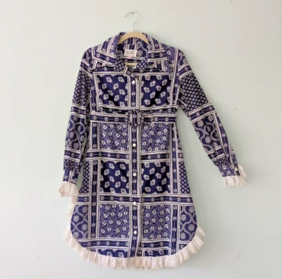 Mini Vestido De Colección Años 60 Lori Till Azul Marino Blanco Paisley Estampado Americana Cinturón Botón Foto 1 de 4