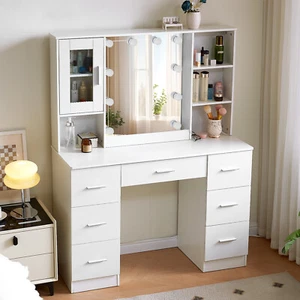 White Dressing Table Makeup Vanity Desk with LED Light Mirror&7 Storage Drawers - Picture 1 of 10