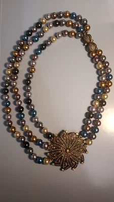 Heidi Daus~**3 STRAND 10MM FAUX PEARL & YELLOW CRYSTAL NECKLACE **~Gold Tone - Image 1 of 4