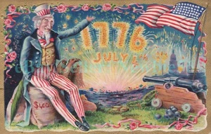 Fourth of July - UNCLE SAM FIREWORKS & EAGLE - Patriotic Postcard 4th Embossed - Picture 1 of 2
