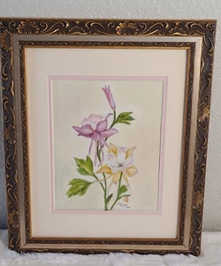 Dipinto olio vintage originale firmato di C. Papke Columbines 2009 - Foto 1 di 8