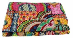 Vintage Kantha Multi Color Patchwork Design Kantha Quilt Throw Queen/King Size