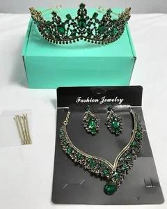Neu, grün & goldfarben KAMIROLA Prinzessin Diadem mit Halskette & Ohrringe Schmuckset - Bild 1 von 9