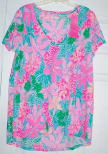 T-SHIRT MAGLIETTA SCOLLO A V LILLY PULITZER ETTA TOP TIGRI TANA NUOVA CON ETICHETTE COTONE SLUB XL - Foto 1 di 4