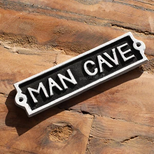 Cast Iron 'Man Cave' Wall Sign Black & Grey Outdoor Garden Fence Door Plaque - Picture 1 of 4