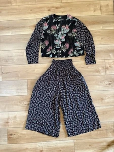 Karen Kane Two Piece Black Pink Floral Smocked Pants Size 10 Vintage Medium - Picture 1 of 16