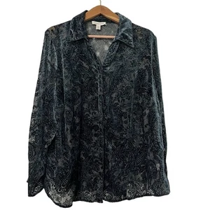 Coldwater Creek Velvet Burnout Button Down Top Size 2X Blue Gothic Whimsigoth - Picture 1 of 8