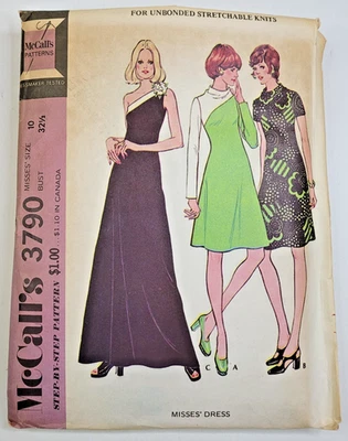 VTG 70s McCalls Sewing Pattern 3790 Misses Knit One Shoulder Dress Size 10 CUT - Image 1 of 3