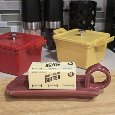 Handmade Pottery Butter Dish Tray Ceramic Maroon Berry Red Kitchen Serveware - Image 1 of 4