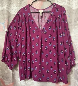 St John's Bay Women's Raspberry Floral V-Neck 3/4 Sleeve Blouse Plus Sz 3X Tunic - Picture 1 of 8