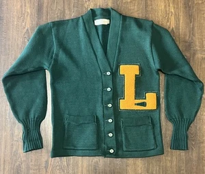 Vintage Roper Sportswear Letterman Cardigan Green Sweater L Cheerleader 38 Large - Picture 1 of 11