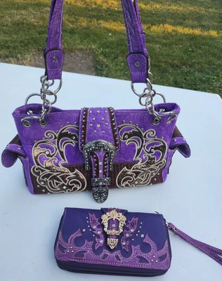 Concealed Carry Purple Bling Handbag Shoulder Bag Purse with Wristlet Billfold - Image 1 of 4