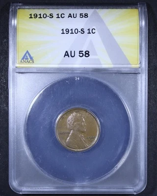 Centavo Lincoln Wheat 1910-S - 1c ANACS AU58 - ¡Bonitas superficies! Foto 1 de 4