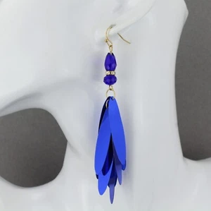 Blue sequin feathered earrings dangle 4" long lightweight tassel fringe - Picture 1 of 8