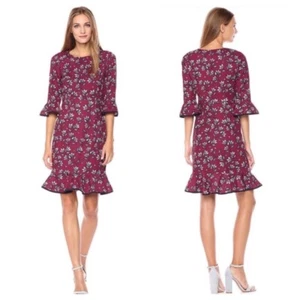 Nanette Lepore Floral Bell Sleeve Flounced Ruffle Hem Midi Dress Wine Size 6 - Picture 1 of 11
