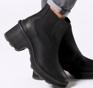 Sorel Womens Sz 9.5  Hi-Line Heel Chelsea Boot Waterproof Sea Salt Black Leather