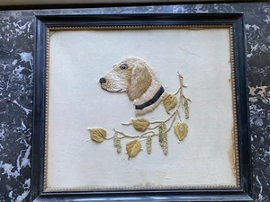 Stickbild antik Hund Rahmen schwarz gold Holz Eierstab Jugendstil Tierportrait - Bild 1 von 4