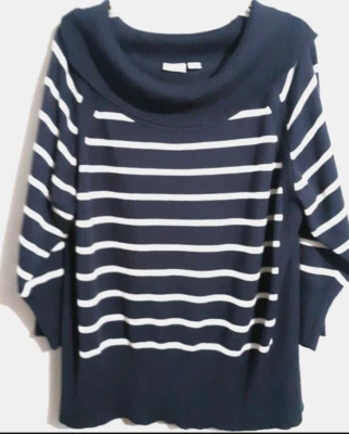 Suéter Pullover Cato Mujer Talla Grande 22/24 Cuello Capucha Mangas 3/4 Azul/Blanco Foto 1 de 4