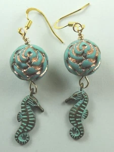 Türkis Tschechische Geätzte Perle & Patina Seepferdchen Ohrringe Schmuck Strand Ozean - Bild 1 von 1