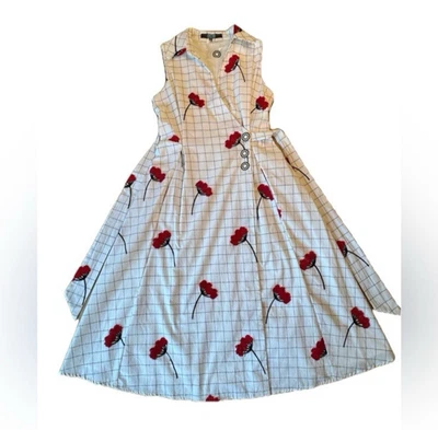 NWT EVA FRANCO Midi Wrap Dress Floral Embroidered Halter Red White Black Size 0 - Image 1 of 4