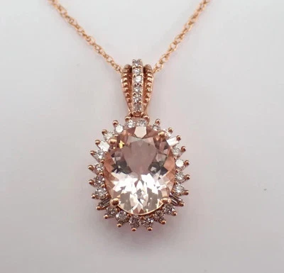 3 Ct Oval Cut Lab-Created Morganite Halo Necklace Pendant 18" 14K Rose Gold Over - Image 1 of 4