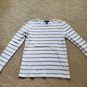 Women's Ralph Lauren White Long Sleeve Tee With Gold Sparkle Stripes Buttons XS - Picture 1 of 12