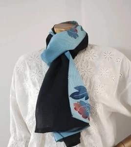 Handmade Japan Kimono Pure Silk Scarf Stole Floral Black Blue 2Way Upcycled - Picture 1 of 5