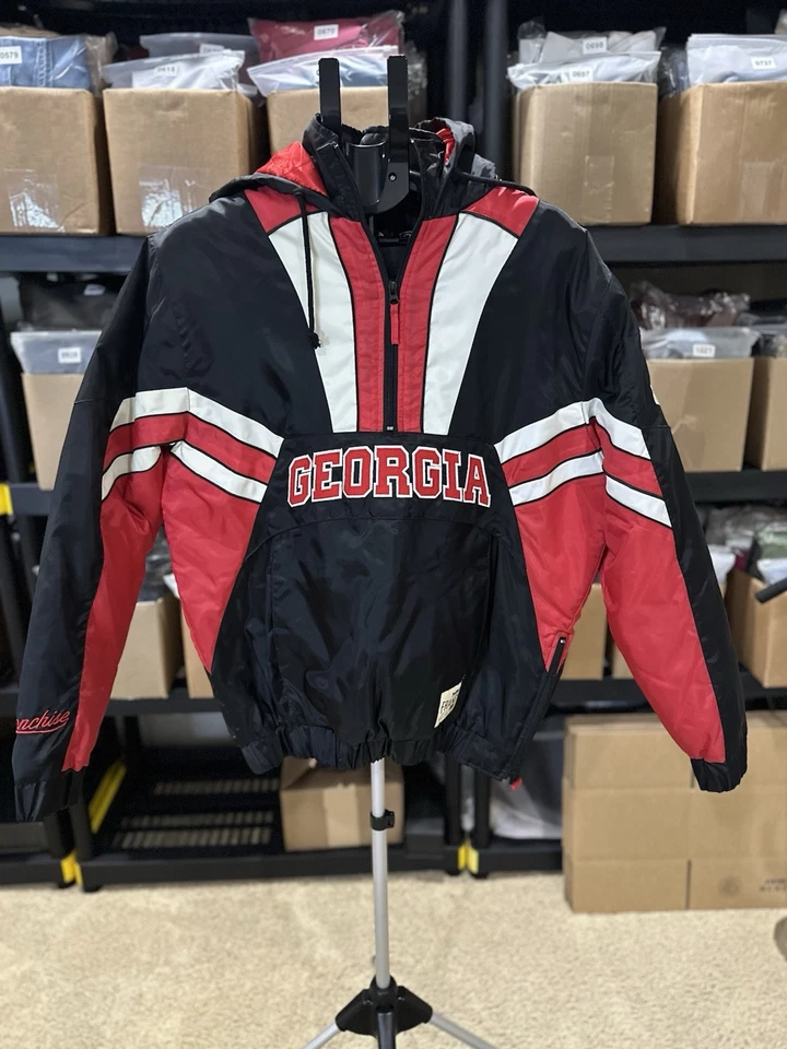 Vintage 90s NCAA RR Designs UGA Bulldogs Pull Over 1/2 Zip Hooded Jacket Sz L 🔥 - Image 1 of 4