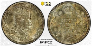 1907 Canada 5 Cents Silver, 5C, Edward VII KM# 10, Narrow Date Low 7, PCGS MS 64 - Picture 1 of 7