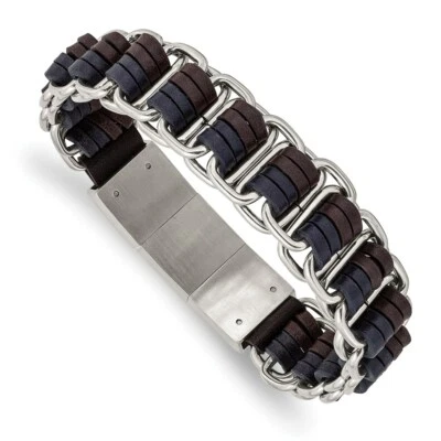 Stainless Steel Polished w/Blue and Brown Leather w/.5in ext 8in Bracelet - Image 1 of 3