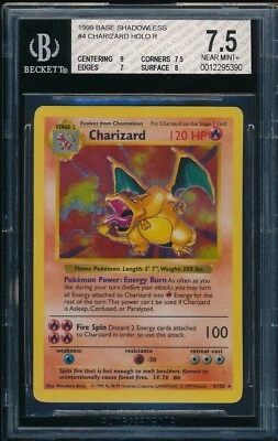 BGS 7.5 w/9 CHARIZARD 1999 Pokemon Base SHADOWLESS #4/102 Holo Rare Near MINT+ - Image 1 of 2