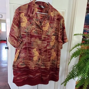 Sag Harbor Womens Hawaiian Floral Button Down Short Sleeve Gold Burgundy 24W - Picture 1 of 5