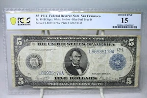 1914 $5 Federal Reserve Note San Francisco Fr.891b PCGS 15 #5179 - Picture 1 of 2