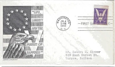 FDC 906 WW2 Patriotic Cover "Life Liberty and the Pursuit of Happiness" Jordan - Image 1 of 2