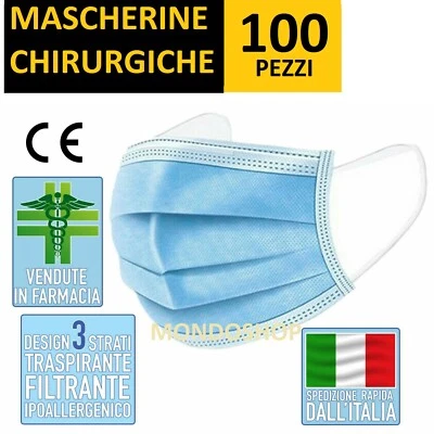 100 MASCHERINE CHIRURGICHE MONOUSO FILTRANTI IN TNT 3 STRATI ALTO RISCHIO PROTEZ